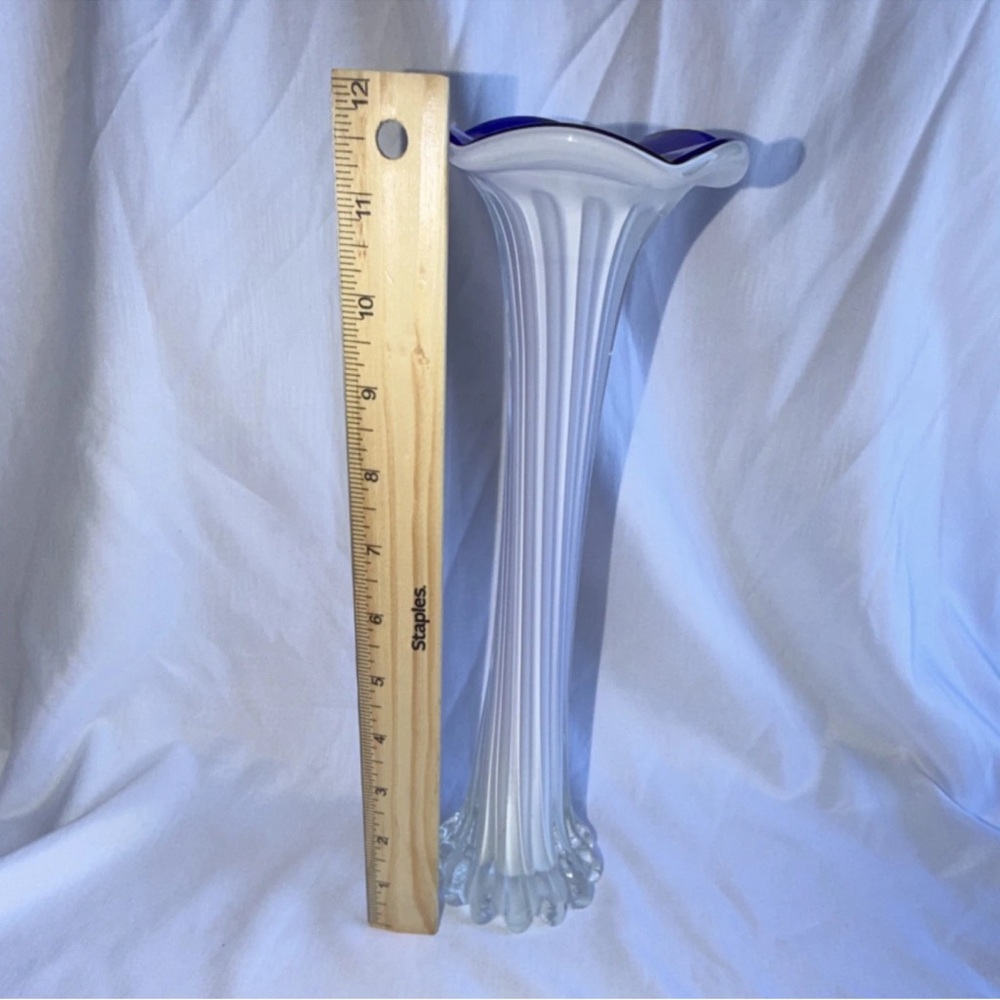 Vintage Cobalt Blue & White Cased Glass Ribbed Vase - 11" Tall - Picture 4 of 8